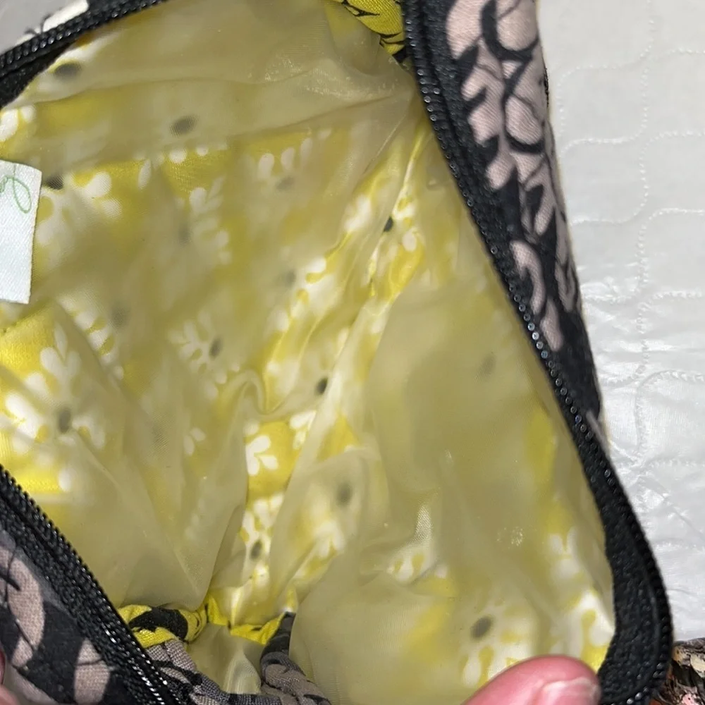 Vera Bradley Baroque small zip top cosmetic bag in black gray white yellow